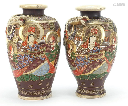 Large pair of Japanese Satsuma pottery vases decorated