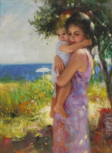 Mother with child before a landscape, Italian school