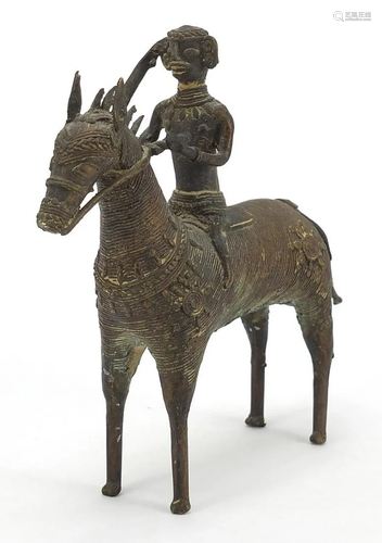 African Benin style bronze tribesman on horseback,