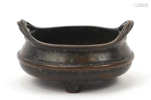 Chinese patinated bronze tripod censer, character marks