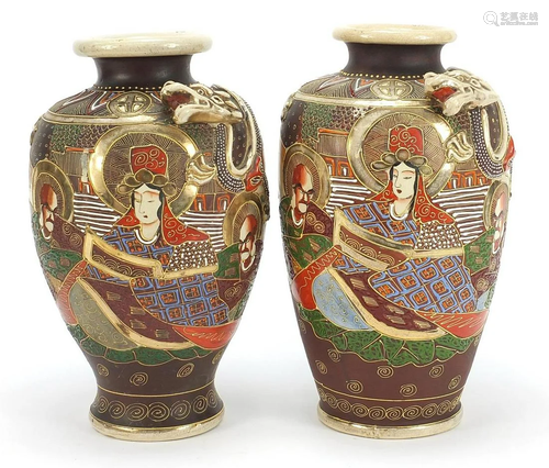 Large pair of Japanese Satsuma pottery vases decorated