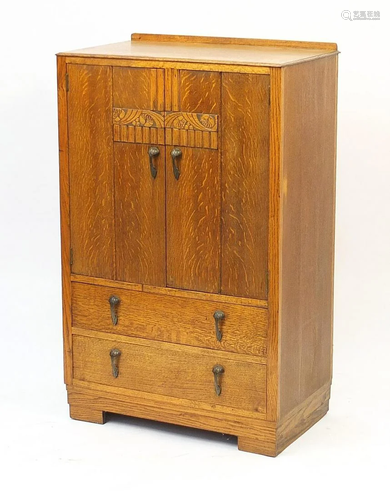 Art Deco carved oak tallboy with two drawers, 122cm H x