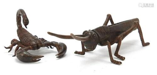 Japanese patinated bronze scorpion and grasshopper, the