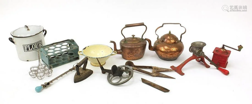 Vintage kitchenalia including enamelled flour bin and