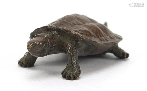 Japanese patinated bronze tortoise, impressed marks to