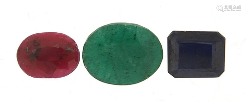 Three gemstones with certificates comprising emerald