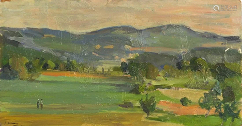 Panoramic landscape with two figures, oil on board,