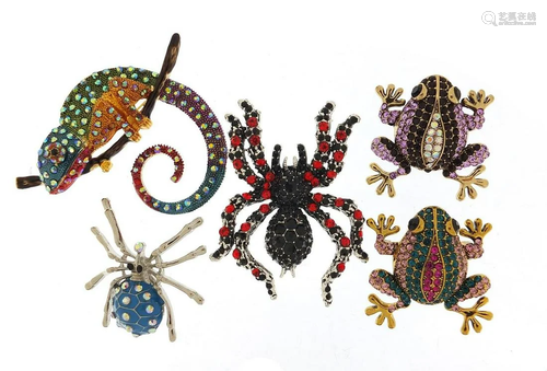 Five jewelled and enamel animal and insect brooches