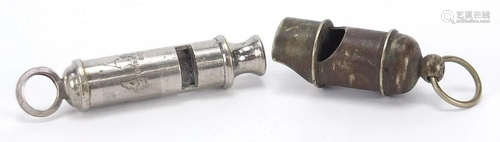 Two military whistles including an ARP example