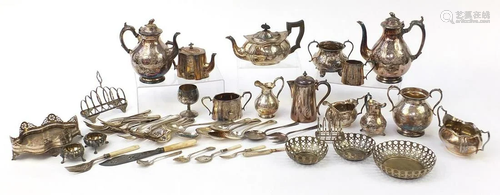 Silver plated items including teapots, flatware and