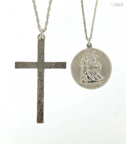 Silver St Christopher and cross pendants on silver