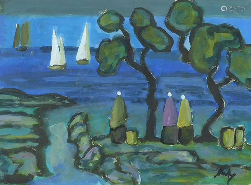 Manner of Markey Robinson - Figures beside trees before