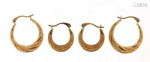 Two pairs of 9ct gold hoop earrings, 1.8cm and 1.4cm