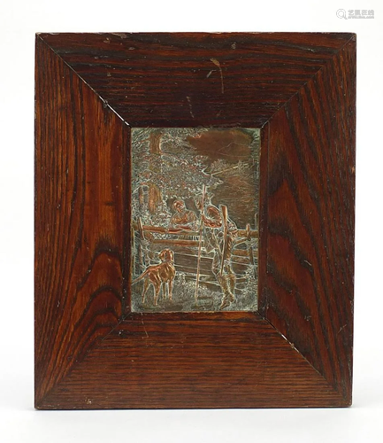 Rectangular copper plaque embossed with a farmer and