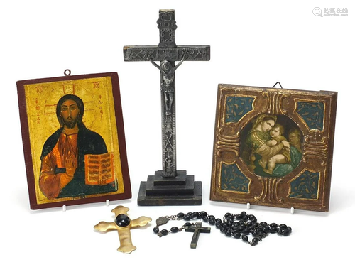 Religious items including crucifix, icon and rosary