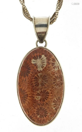 Large silver hardstone pendant on a silver rope twist