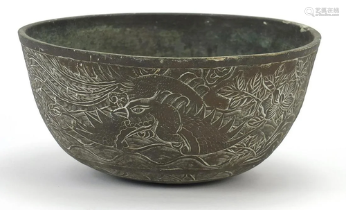 Chinese archaic style bronze bowl cast with dragons,