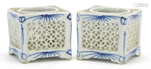 Pair of Japanese Hirado porcelain pierced incense