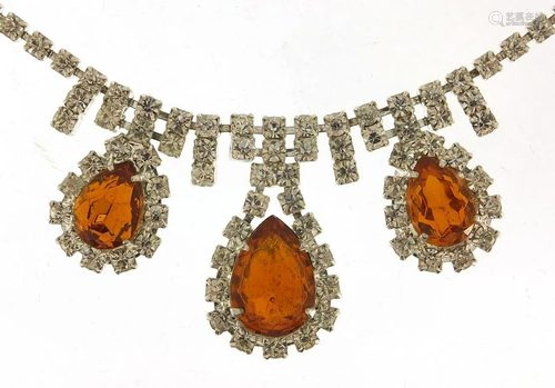 Vintage orange and clear paste cocktail necklace with