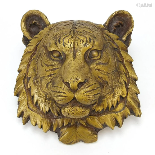 Gilt bronze tiger's head wall mount, 19.5cm high