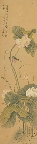 Bird amongst lilies, Chinese watercolour on paper