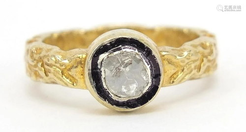 Indian silver gilt diamond and enamel ring, size P,