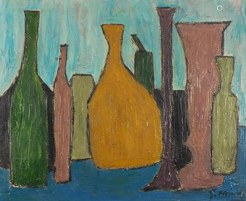 Abstract composition, still life vessels, impasto oil