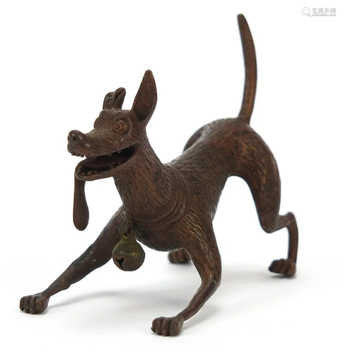 Japanese patinated bronze dog, character marks to the