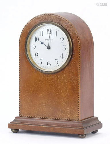 Line inlaid mahogany dome top mantle clock with enamel