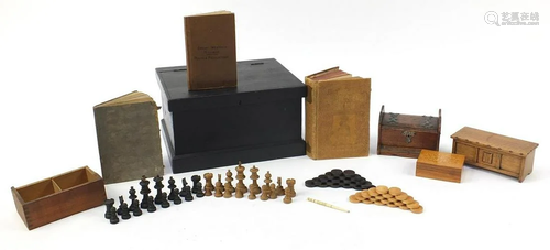 Sundry items including turned wood chess set, oak box