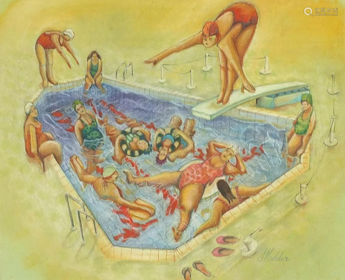 John Holder - The swimming pool, pastel on paper,