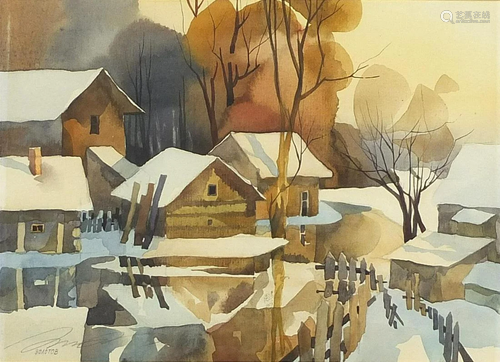 Victor Zolotov - Village under snow, Russian school