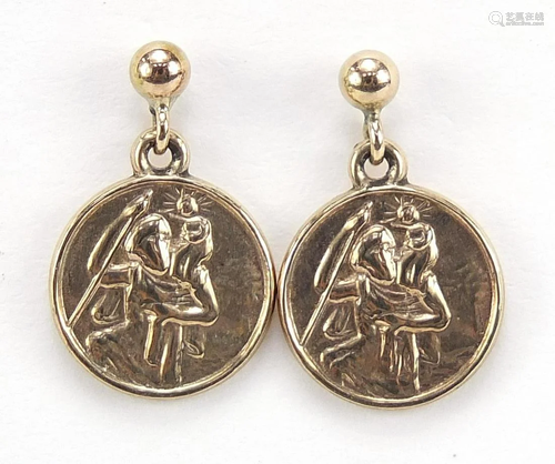 Pair of 9ct gold St Christopher drop earrings, 1.5cm