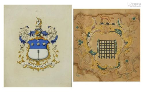 Heraldic coat of arms, two 19th century watercolours,