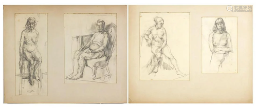 Nude figural studies, four pencil drawings on paper,