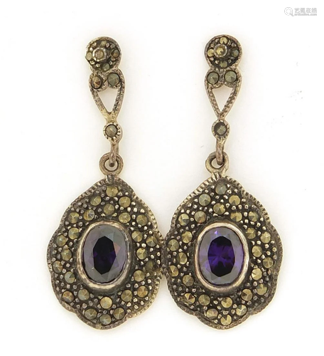 Pair of antique design silver marcasite and amethyst