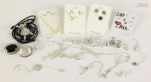 Silver jewellery including necklaces, earrings, monkey