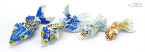 Five Chinese Canton enamel fish pendants, 8cm in length
