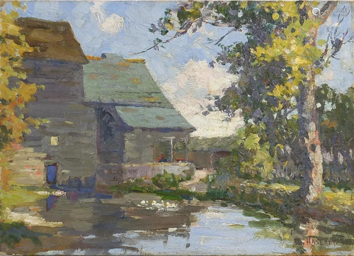 House beside water, oil on canvas board, unframed, 35cm