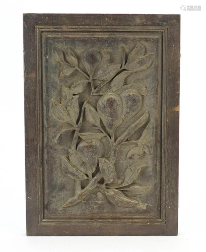 Antique oak panel carved with fruit, 44cm x 30cm