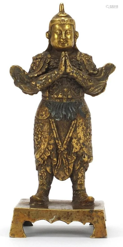 Chino Tibetan gilt bronze figure of a standing warrior,