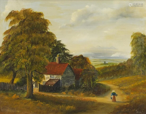 R Smith - Female beside a cottage, oil on board,