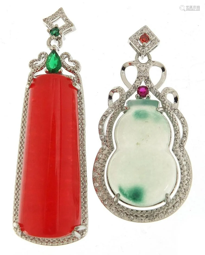 Two Chinese white metal jewelled jade pendants, the