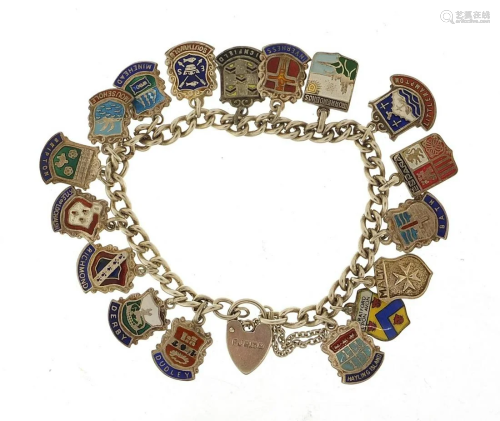 Silver and enamel souvenir shield charm bracelet, 34.5g
