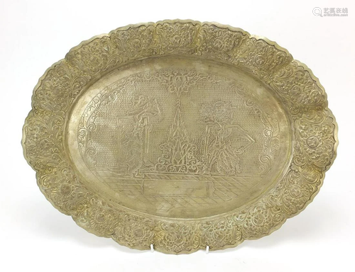 Indian oval silver plated tray with embossed floral