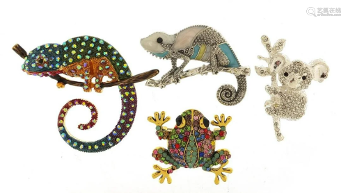 Four jewelled and enamel animal brooches comprising two