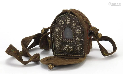 Tibetan embroidered travelling silver mounted shrine
