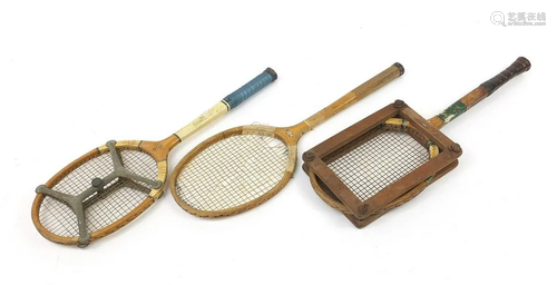 Three early 20th century tennis lawn racquets including