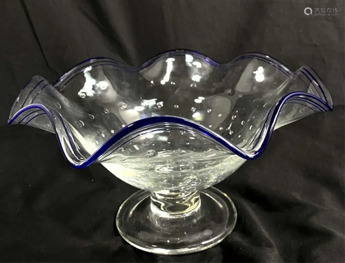 VINTAGE RUFFLE COBALT TRIM GLASS PEDESTAL BOWL