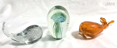 UNIQUE ART GLASS JELLYFISH AND 2 WHALE SCULPTURES